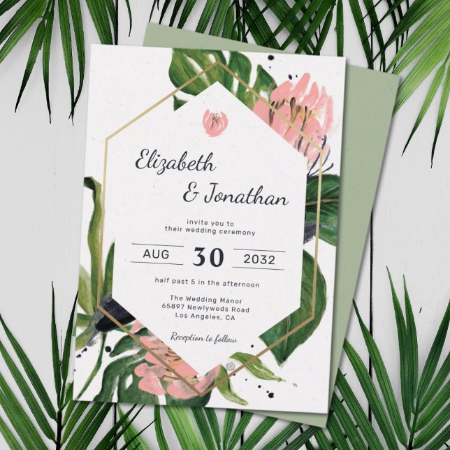 Tropical jungle pink flower & leaves floral modern invitation (Creator Uploaded)