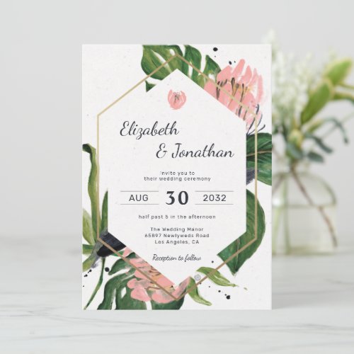 Tropical jungle pink flower  leaves floral modern invitation