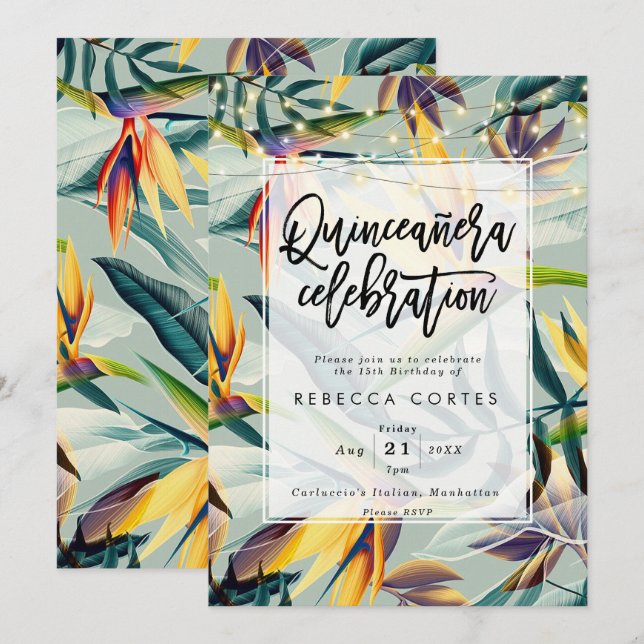 tropical jungle quinceanera 15th birthday invitation (Front/Back)