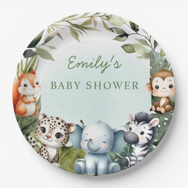 Tropical Jungle Safari Animal greenery baby shower Paper Plates (Front)