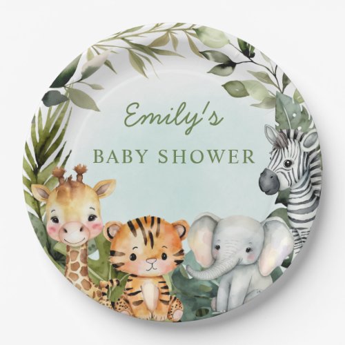 Tropical Jungle Safari Animal greenery baby shower Paper Plates