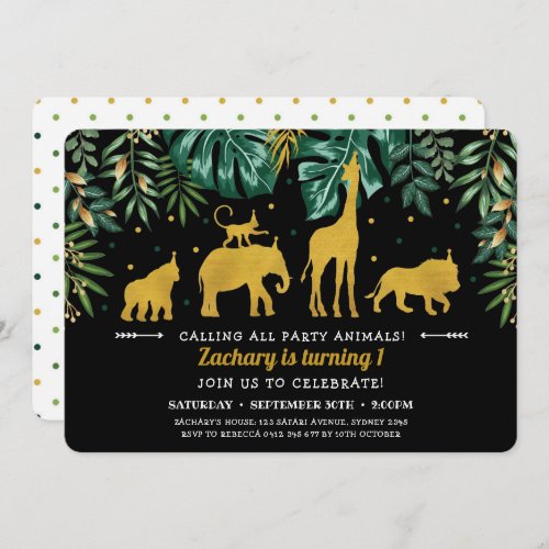 Tropical Jungle Safari Animals 1st Birthday Invitation