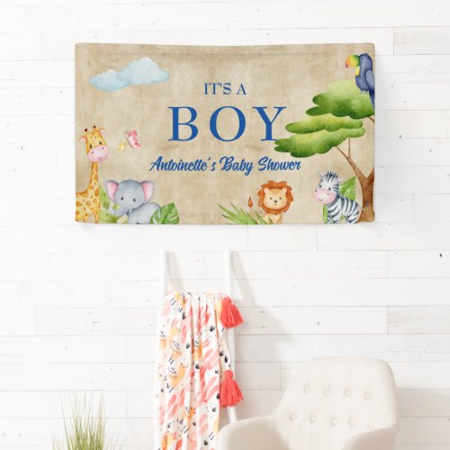 Tropical Jungle Safari Animals Baby Boy Shower Banner