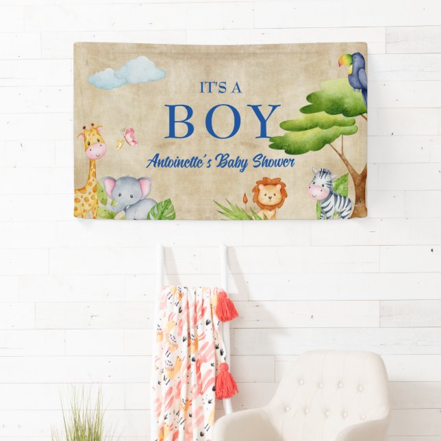 Tropical Jungle Safari Animals Baby Boy Shower Banner (Insitu)