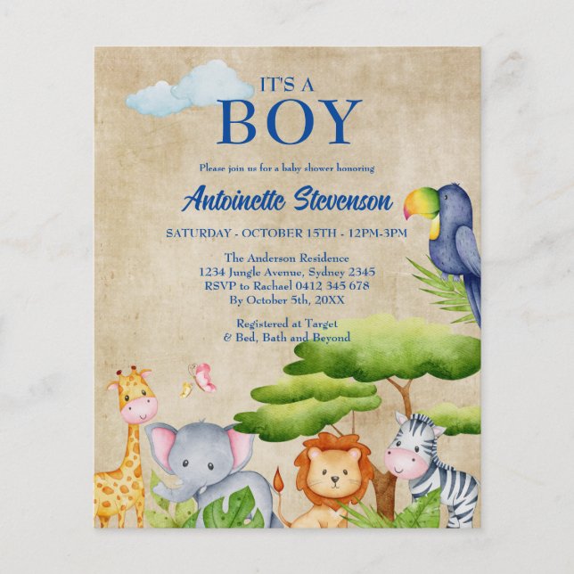Tropical Jungle Safari Animals Baby Boy Shower Flyer (Front)