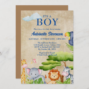 Tropical Jungle Safari Animals Baby Boy Shower Invitation