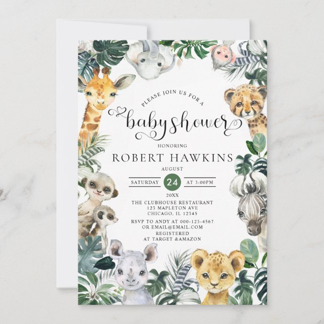 Tropical Jungle Safari Animals Baby Shower Invitation (Front)