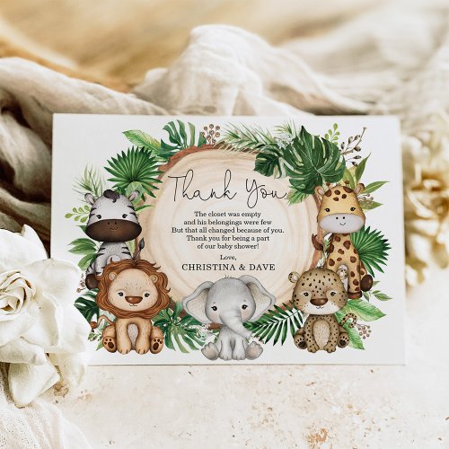 Tropical Jungle Safari Animals Baby Shower Thank You Card