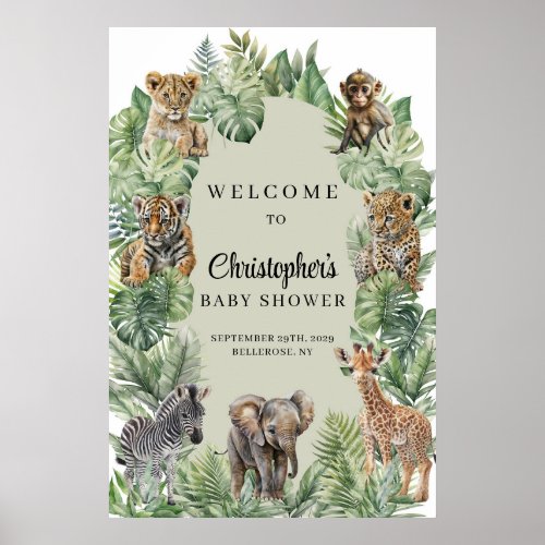 Tropical Jungle Safari Animals Baby Shower Welcome Poster