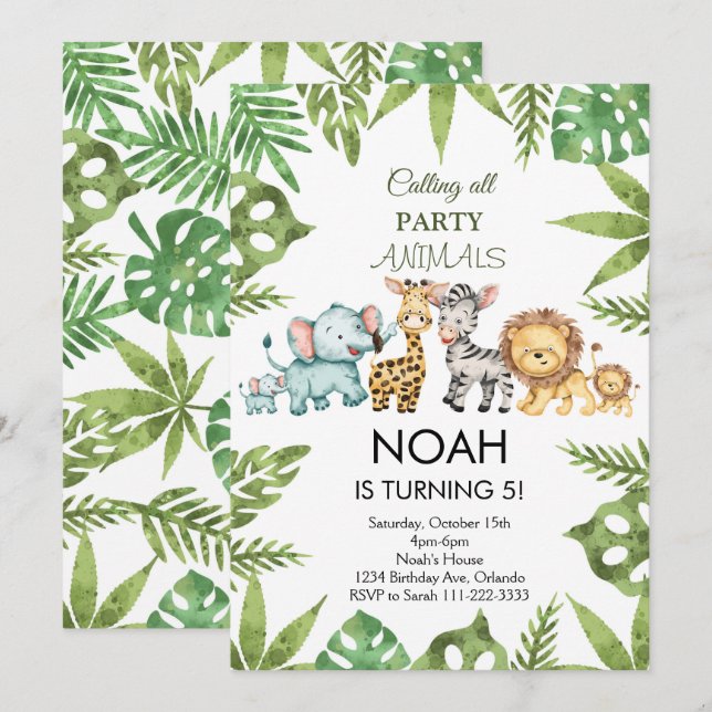 Tropical Jungle Safari Animals Birthday Invitation (Front/Back)