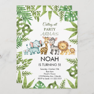 Tropical Jungle Safari Animals Birthday Invitation