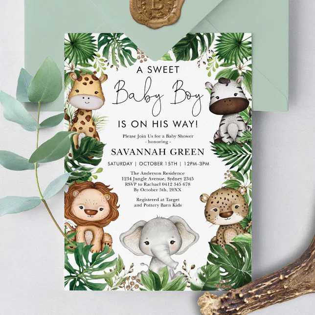 Tropical Jungle Safari Animals Boy Baby Shower Invitation | Zazzle