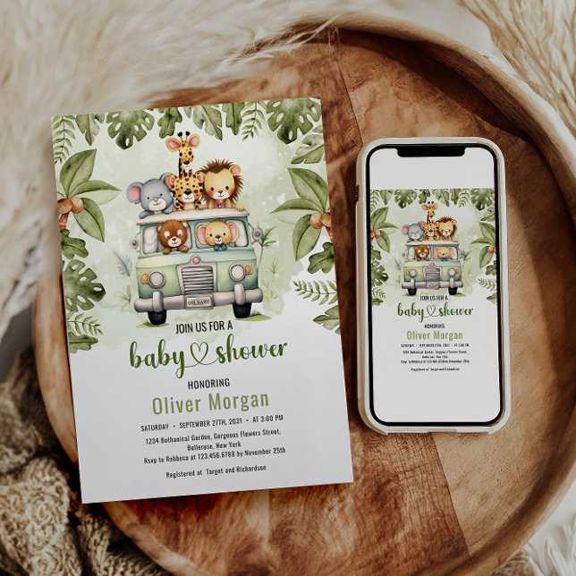 Tropical Jungle Safari Animals Boy Baby Shower Invitation (Creator Uploaded)