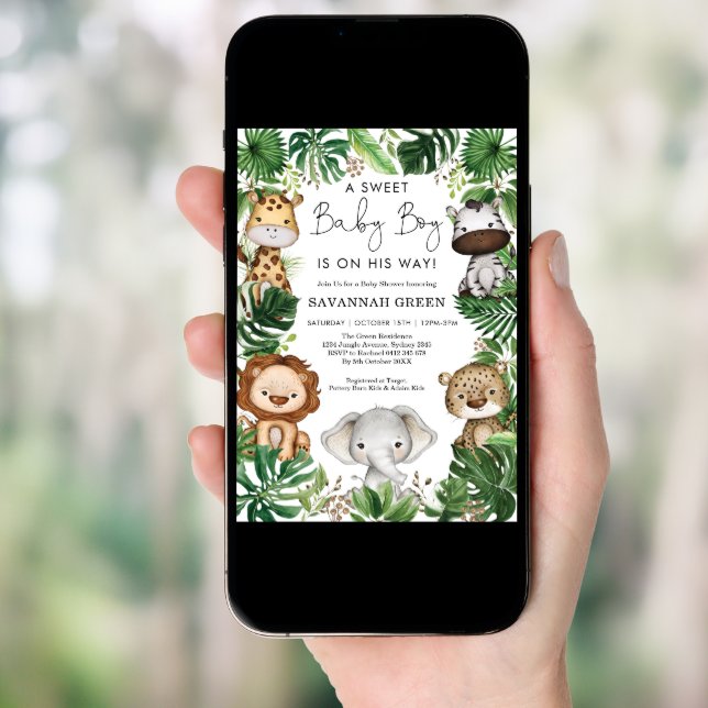Tropical Jungle Safari Animals Boy Baby Shower Invitation (Front Digital)