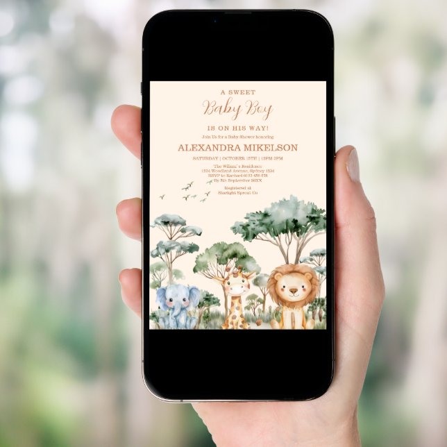 Tropical Jungle Safari Animals Boy Baby Shower Invitation (Front Digital)