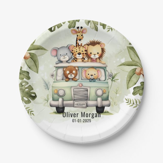 Tropical Jungle Safari Animals Boy Baby Shower Paper Plates (Front)