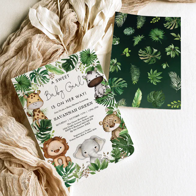 Tropical Jungle Safari Animals Girl Baby Shower Invitation | Zazzle