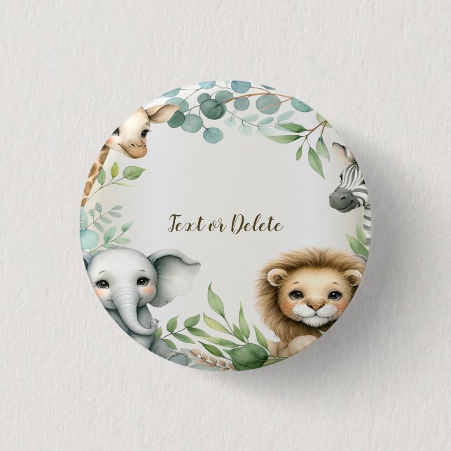 Tropical Jungle Safari Animals Green Leaves Party Button (Front)