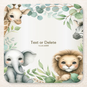 Tropical Jungle Safari Animals Green Leaves Party Square Paper Coaster