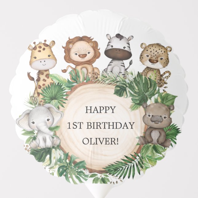 Tropical Jungle Safari Animals Happy Birthday Boy Balloon (Front)