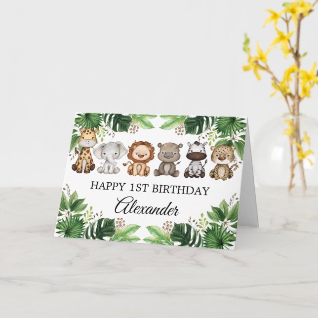 Tropical Jungle Safari Animals Happy Birthday Card (Yellow Flower)