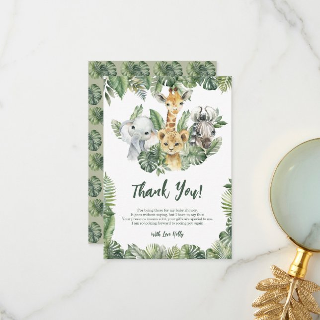 Tropical Jungle Safari Baby Elephant Giraffe Zebra Thank You Card (Front/Back In Situ)