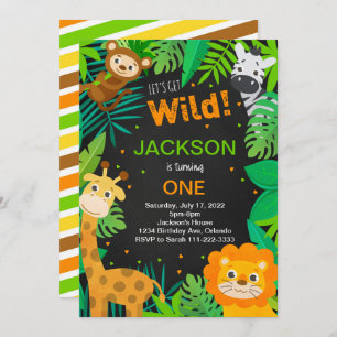 Tropical Jungle Safari Black Birthday Invitation