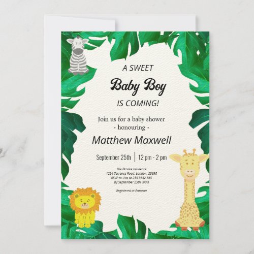 Tropical Jungle Safari Boy Baby Shower Inv Invitation