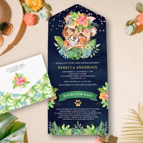 Tropical Jungle Safari Cheetah Navy Baby Shower All In One Invitation