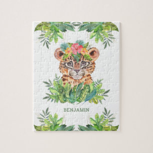 Tropical Jungle Safari Cute Leopard Kids Name Jigsaw Puzzle