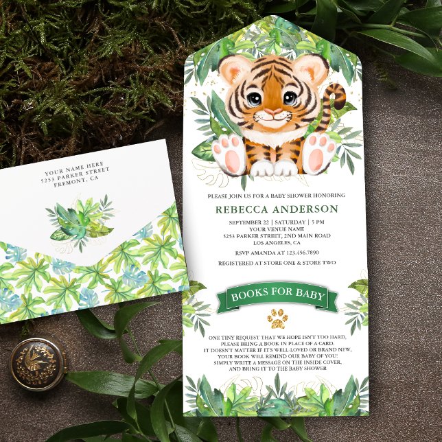 Tropical Jungle Safari Cute Tiger Baby Shower All In One Invitation (Creator Uploaded)