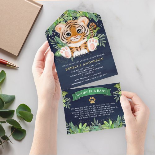 Tropical Jungle Safari Cute Tiger Navy Baby Shower All In One Invitation