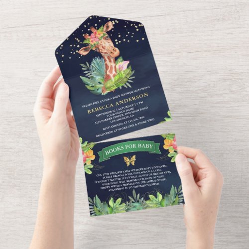 Tropical Jungle Safari Giraffe Navy Baby Shower All In One Invitation