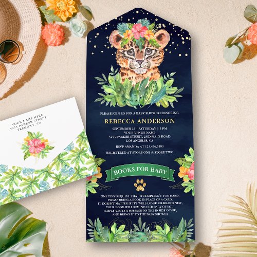 Tropical Jungle Safari Leopard Navy Baby Shower All In One Invitation