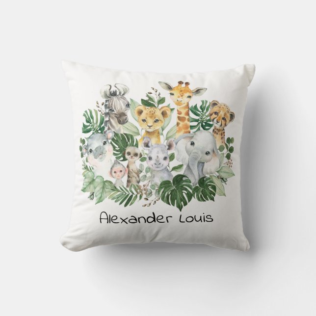 Tropical Jungle Safari Wild Animals Greenery Baby Throw Pillow (Front)