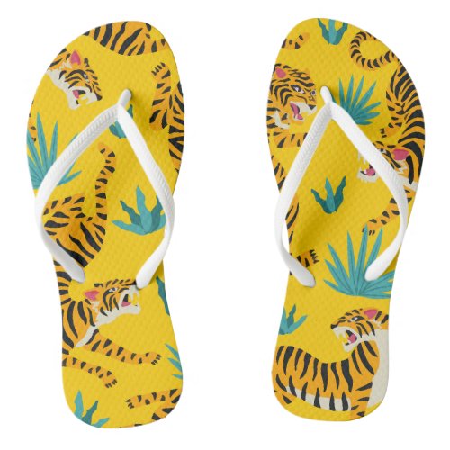 Tropical Jungle Tigers Pattern Yellow  Flip Flops