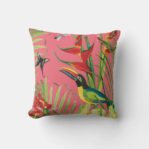 Tropical Jungle Toucan Bird Pink Watercolor Floral Throw Pillow