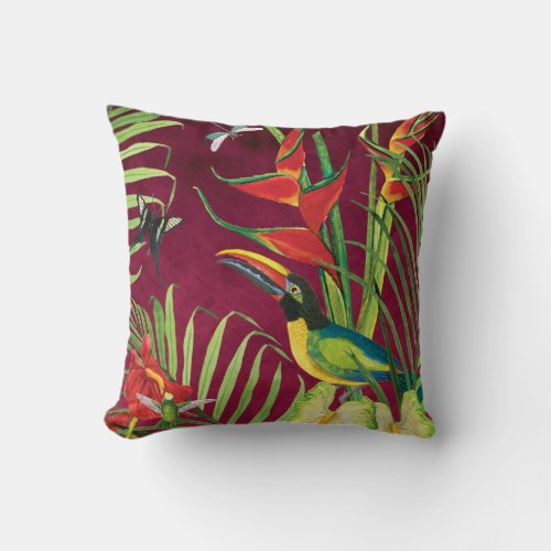 Tropical Jungle Toucan Bird Watercolor Floral Palm Throw Pillow