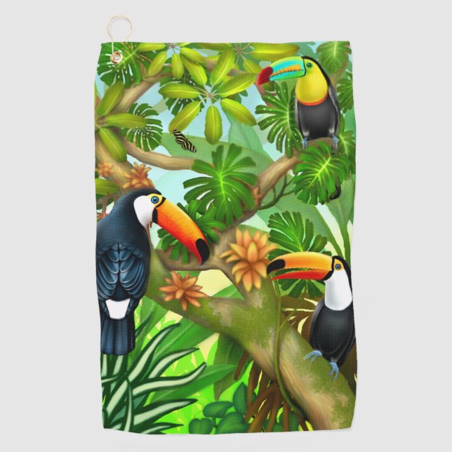 Tropical Jungle Toucans Golf Towel (Front)