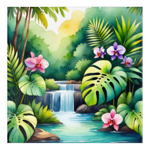 Tropical Jungle Waterfall Orchid Paradise Acrylic Print