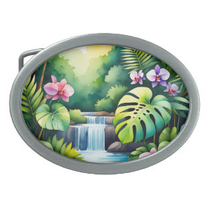 Tropical Jungle Waterfall Orchid Paradise Belt Buckle