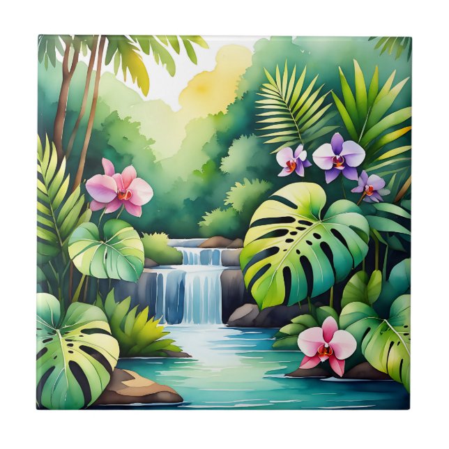 Tropical Jungle Waterfall Orchid Paradise  Ceramic Tile (Front)