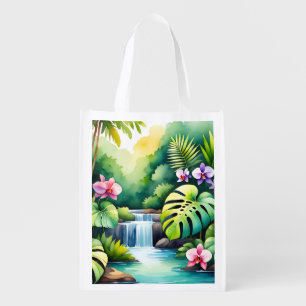 Tropical Jungle Waterfall Orchid Paradise Grocery Bag