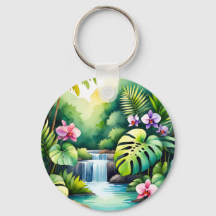 Tropical Jungle Waterfall Orchid Paradise  Keychain