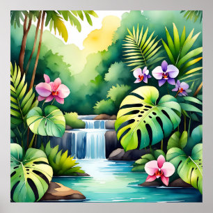 Tropical Jungle Waterfall Orchid Paradise  Poster