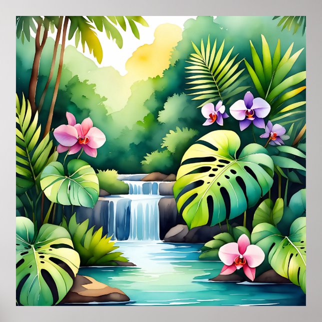 Tropical Jungle Waterfall Orchid Paradise  Poster (Front)