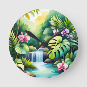 Tropical Jungle Waterfall Orchid Paradise Round Clock