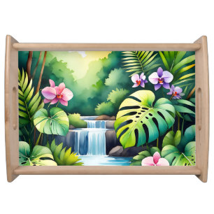Tropical Jungle Waterfall Orchid Paradise  Serving Tray