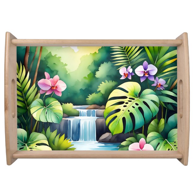 Tropical Jungle Waterfall Orchid Paradise  Serving Tray (Front)