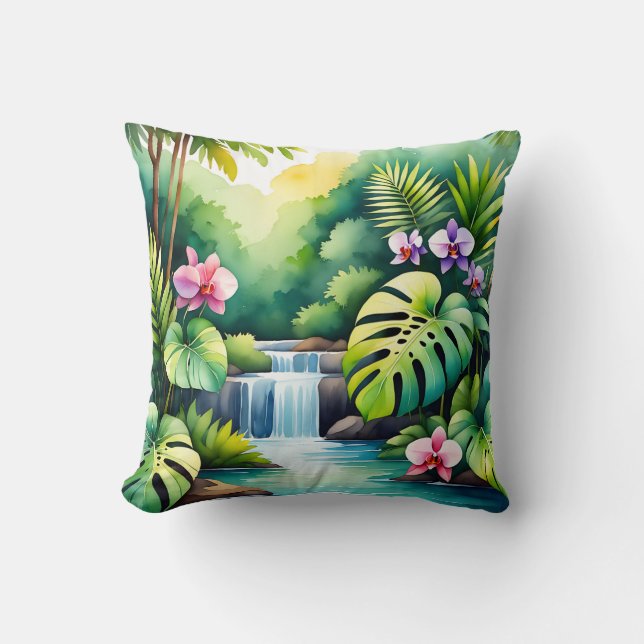 Tropical Jungle Waterfall Orchid Paradise  Throw Pillow (Front)
